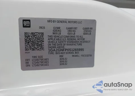 2025 Chevrolet Express Passenger Rwd 3500 Extended Wheelbase Ls z USA, uszkodzony, nr VIN 1GAZGNFP0S1265995